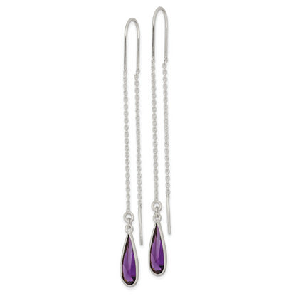 Sterling Silver Polished Purple Cz Teardrop Threader Earrings