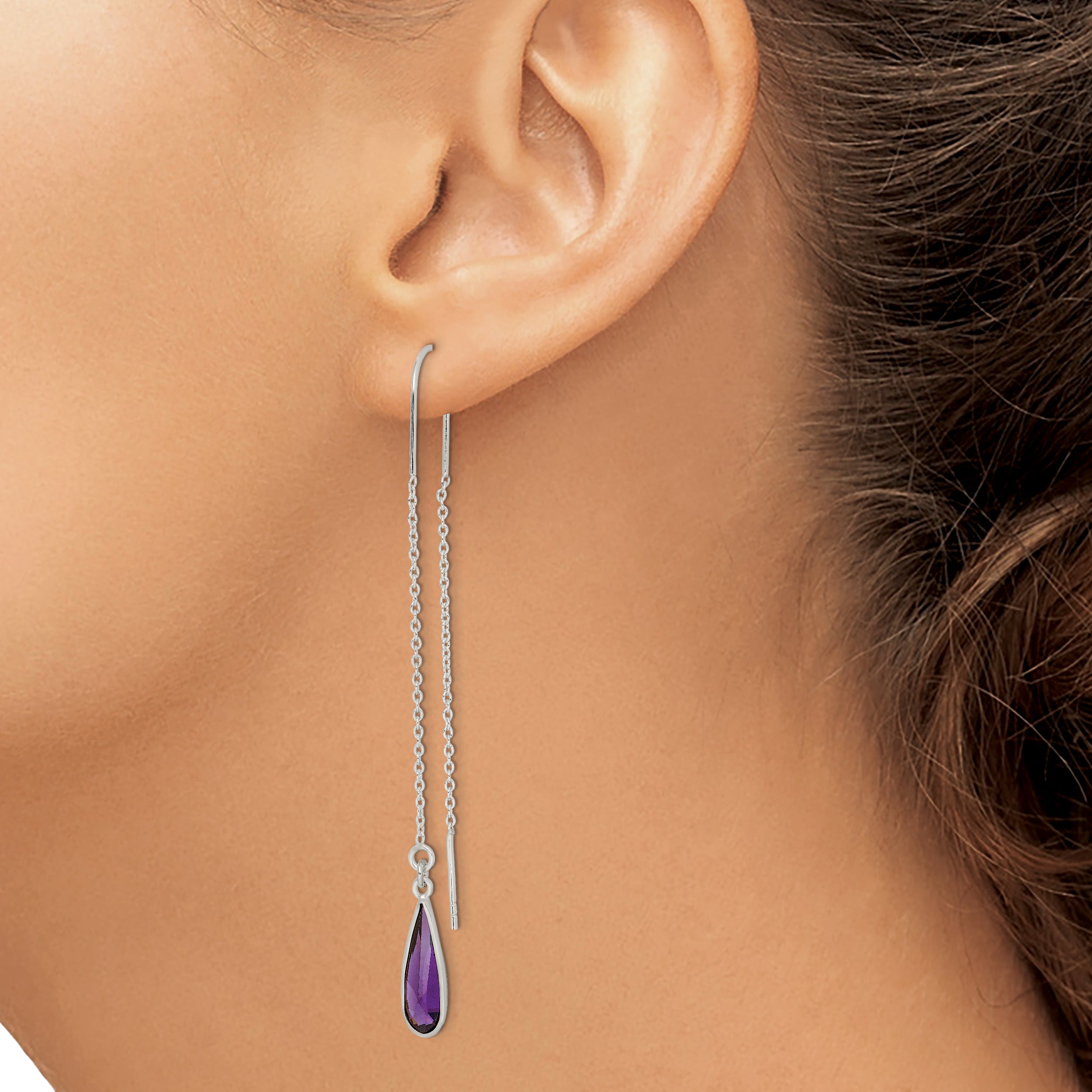 Sterling Silver Polished Purple Cz Teardrop Threader Earrings