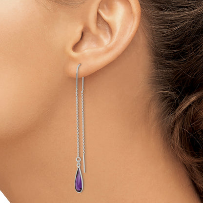 Sterling Silver Polished Purple Cz Teardrop Threader Earrings