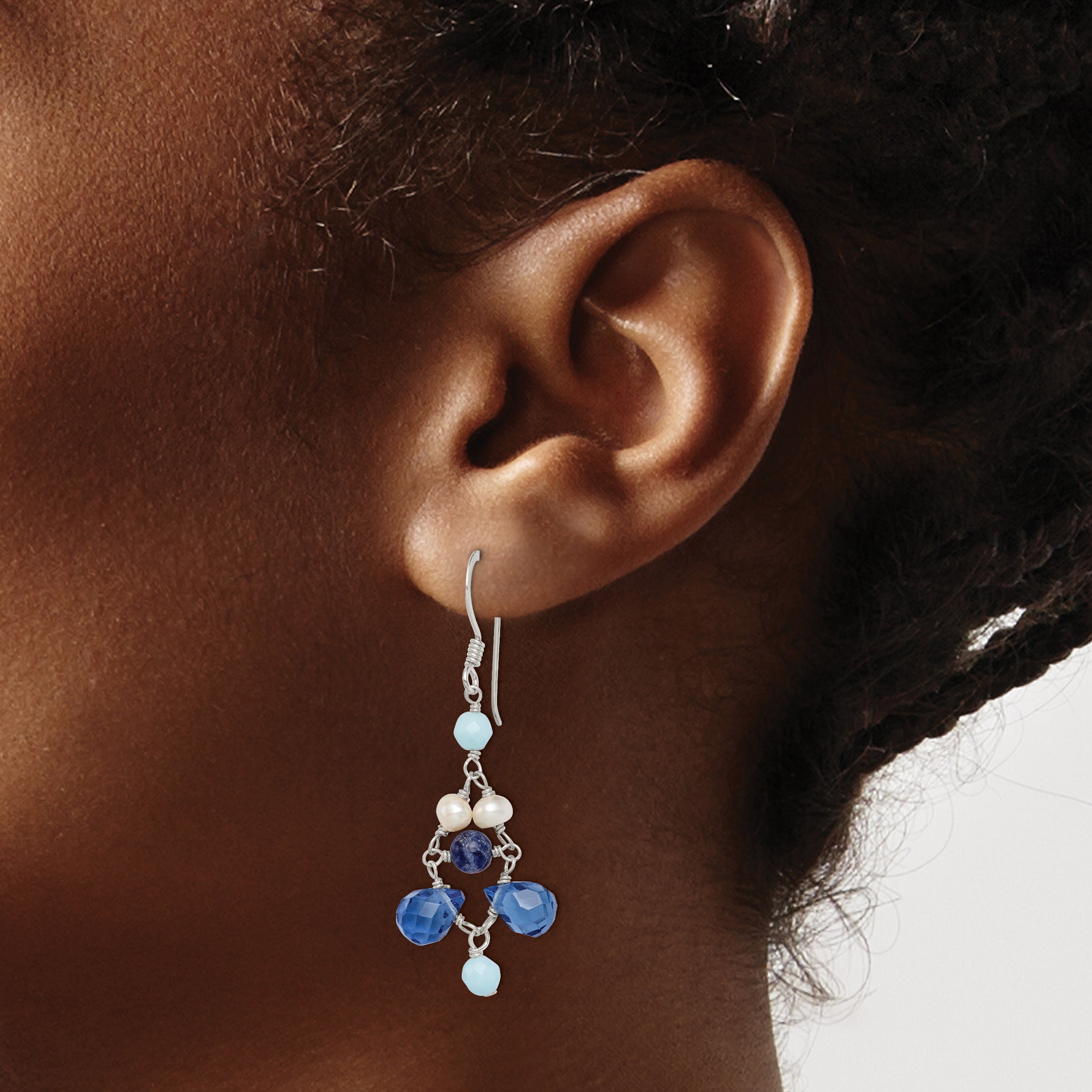 Sterling Silver Polished Amazonite/ Crystal / Lapis Fwc Pearl Dangle Earr
