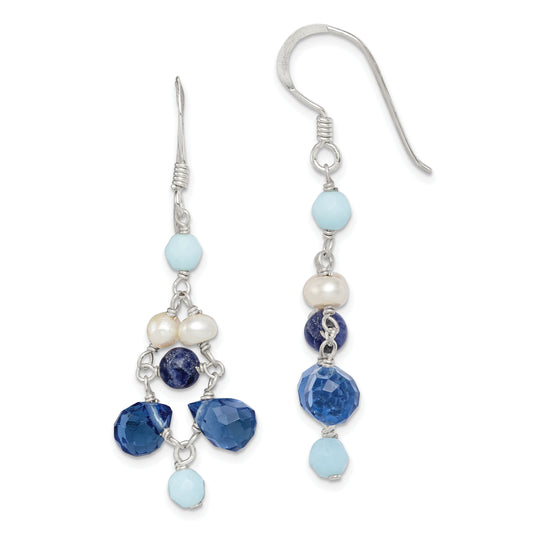 Sterling Silver Polished Amazonite/ Crystal / Lapis Fwc Pearl Dangle Earr
