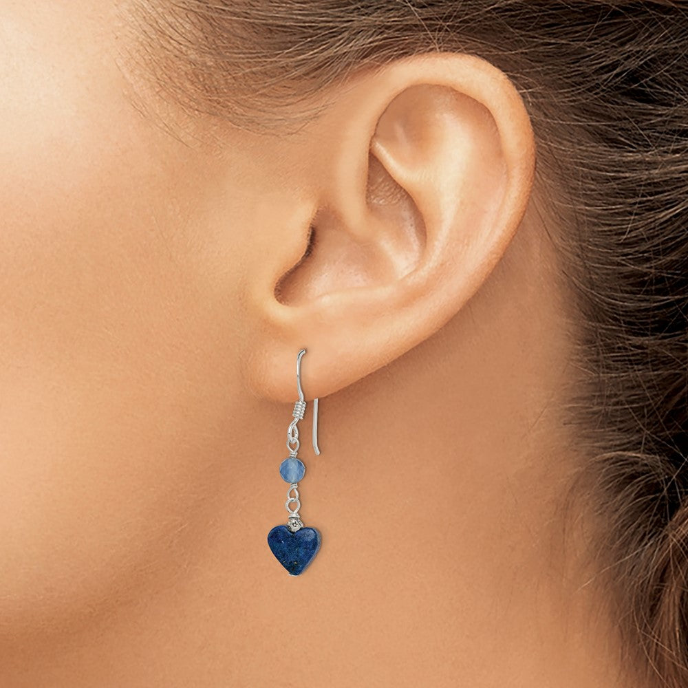 Sterling Silver Polished & Antiqued Blue Agate Lapis Heart Dangle Earring