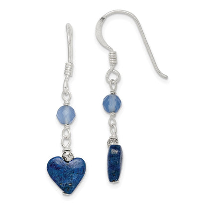 Sterling Silver Polished & Antiqued Blue Agate Lapis Heart Dangle Earring