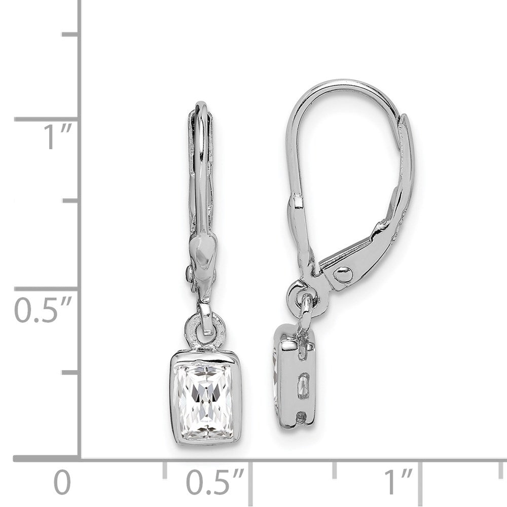 Sterling Silver Rhodium-Plated Emerald-Cut 6X4mm Cz Leverback Earrings