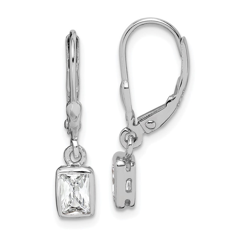 Sterling Silver Rhodium-Plated Emerald-Cut 6X4mm Cz Leverback Earrings