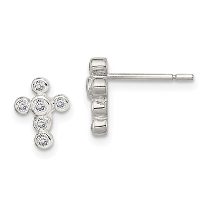 Sterling Silver Rhodium-Plated Polished Bezel Cz Cross Post Earrings