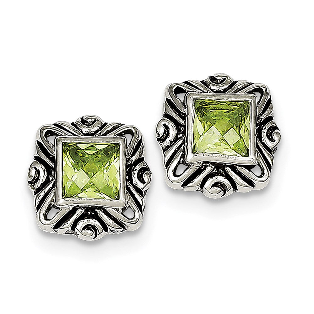 Sterling Silver Green Cz Square Earrings