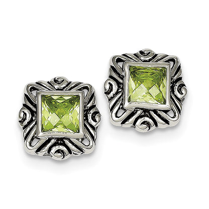 Sterling Silver Green Cz Square Earrings