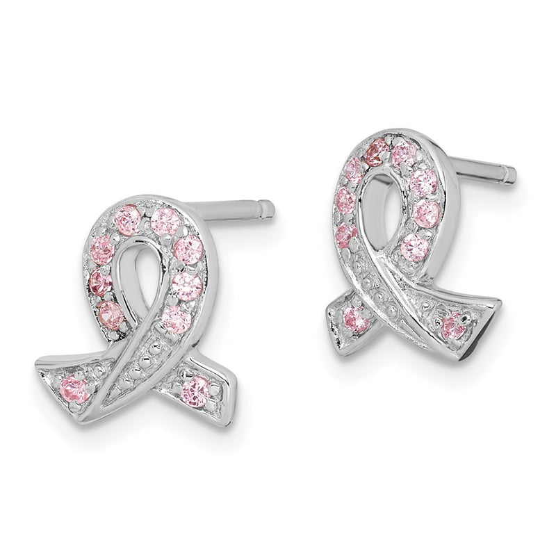 Sterling Silver Rhodium-Plated Pink Cz Ribbon Earrings