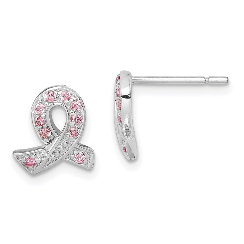 Sterling Silver Rhodium-Plated Pink Cz Ribbon Earrings
