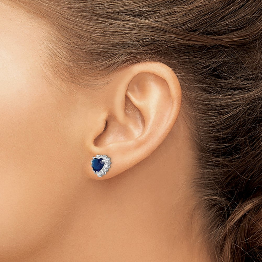 Sterling Silver Rhod-Plated Polished Blue & White Cz Heart Post Earrings