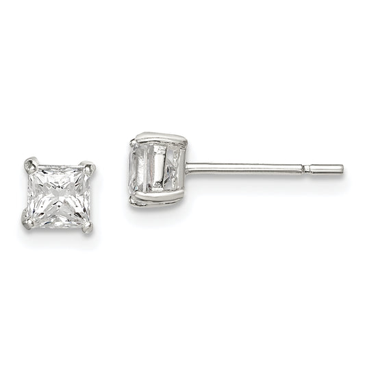 Sterling Silver 4mm Princess Basket Set Cz Stud Earrings