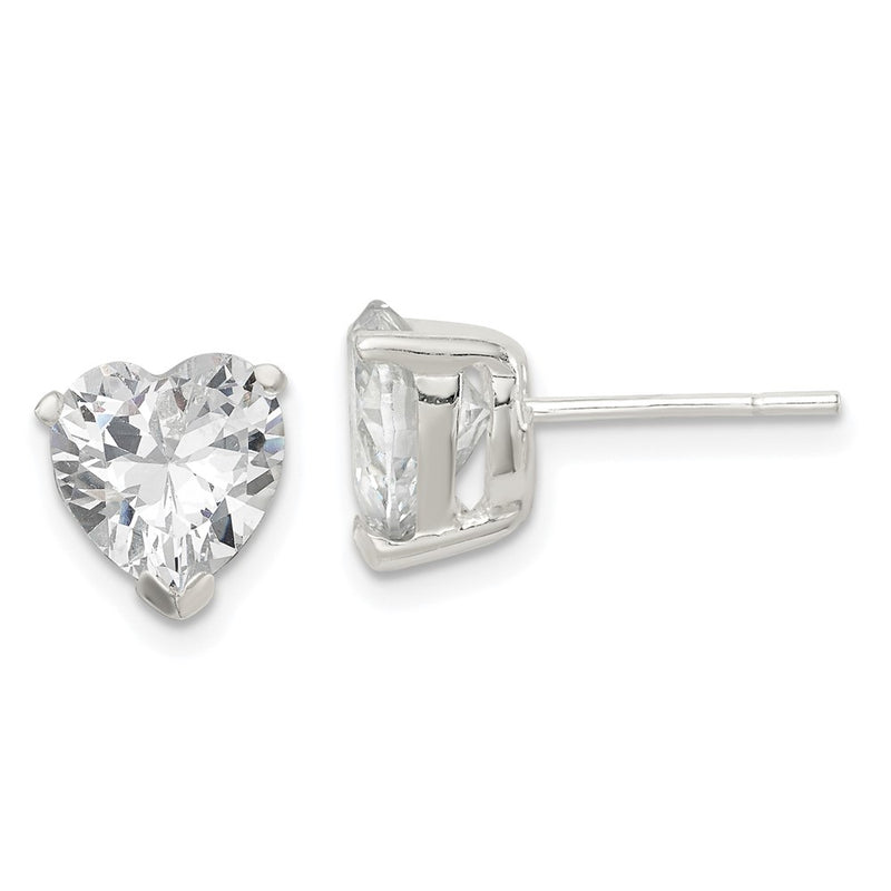 Sterling Silver Polished 8mm Heart 3 Prong Basket Set Cz Stud Earrings