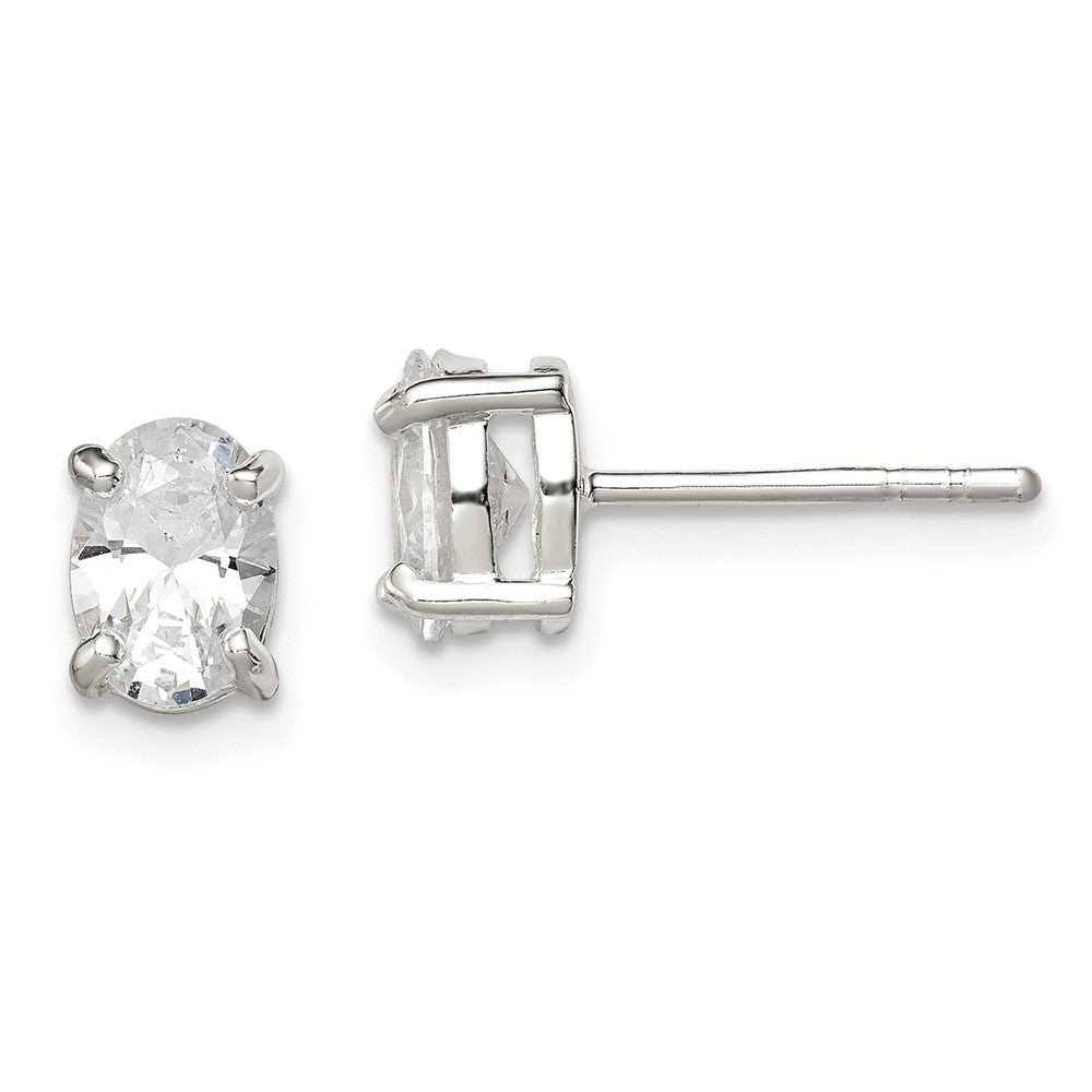 Sterling Silver Polished 5X7mm Oval Basket Set Cz Stud Earrings