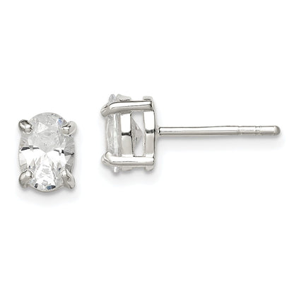 Sterling Silver Polished 5X7mm Oval Basket Set Cz Stud Earrings