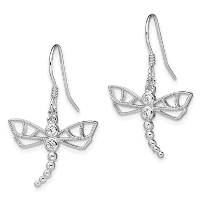 Sterling Silver Rhodium-Plated Cz Dragonfly Earrings