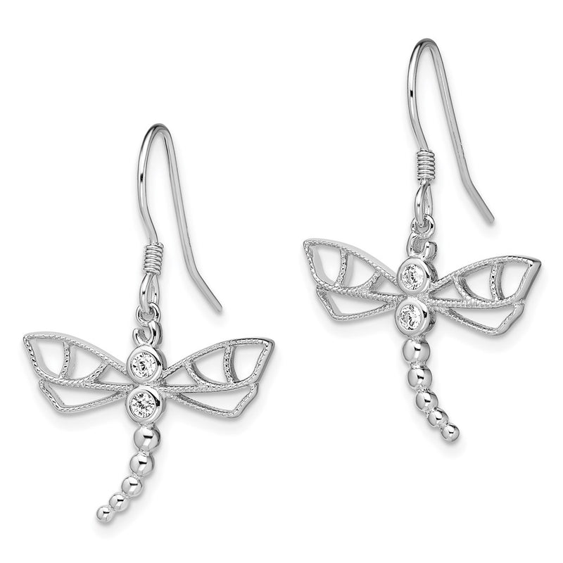 Sterling Silver Rhodium-Plated Cz Dragonfly Earrings