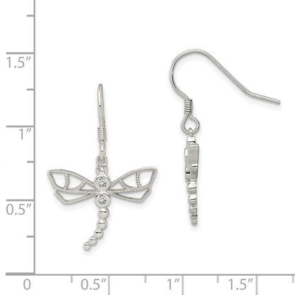 Sterling Silver Rhodium-Plated Cz Dragonfly Earrings
