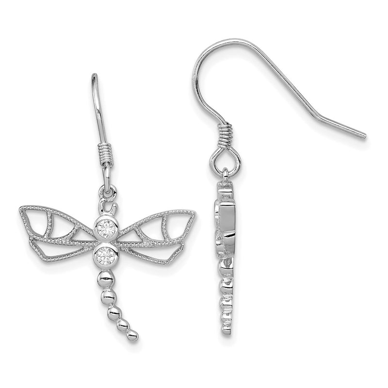 Sterling Silver Rhodium-Plated Cz Dragonfly Earrings