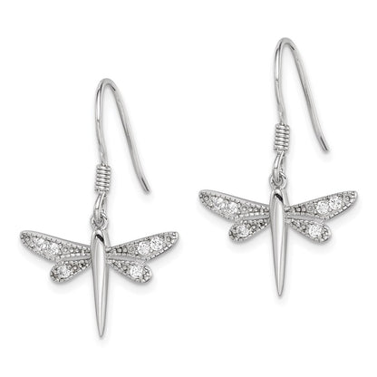Sterling Silver Rhodium-Plated Polished Cz Dragonfly Earrings