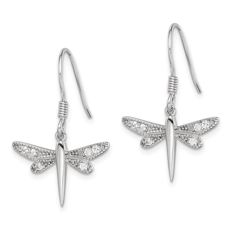 Sterling Silver Rhodium-Plated Polished Cz Dragonfly Earrings