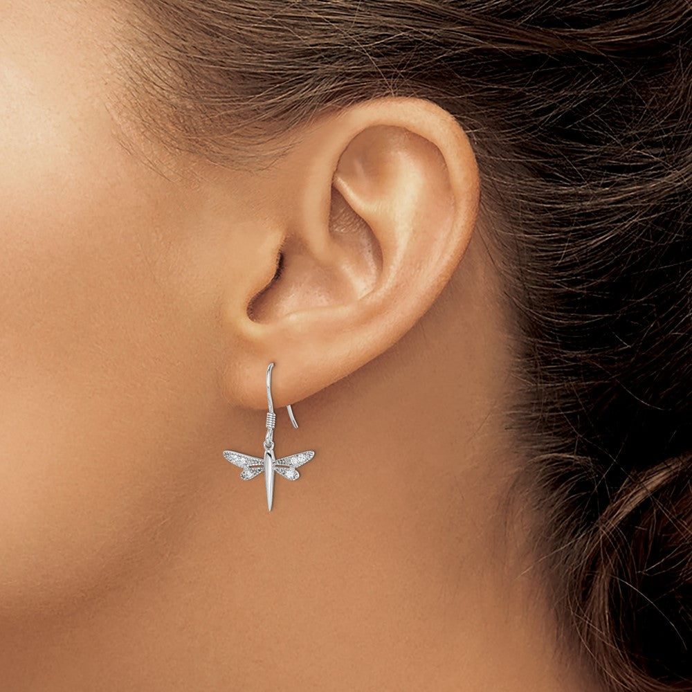 Sterling Silver Rhodium-Plated Polished Cz Dragonfly Earrings