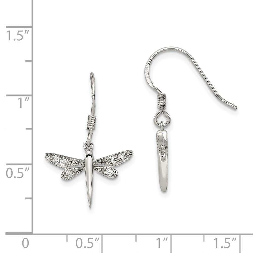 Sterling Silver Rhodium-Plated Polished Cz Dragonfly Earrings