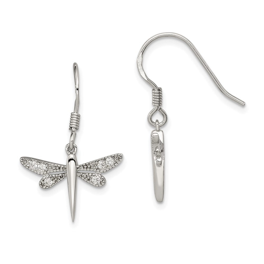 Sterling Silver Rhodium-Plated Polished Cz Dragonfly Earrings