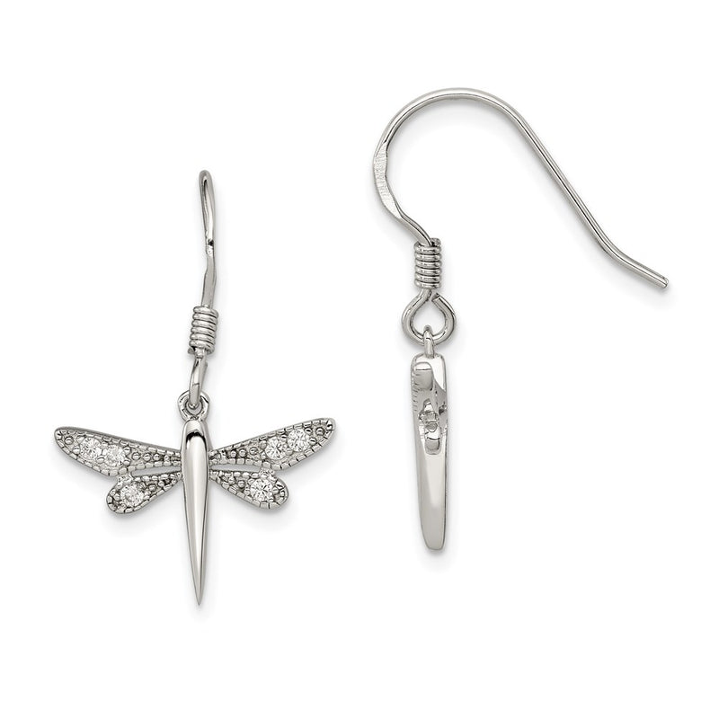 Sterling Silver Rhodium-Plated Polished Cz Dragonfly Earrings