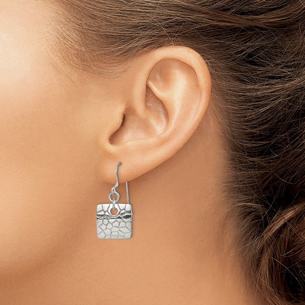 Sterling Silver Polished & Textured Fancy Square Dangle Earrings