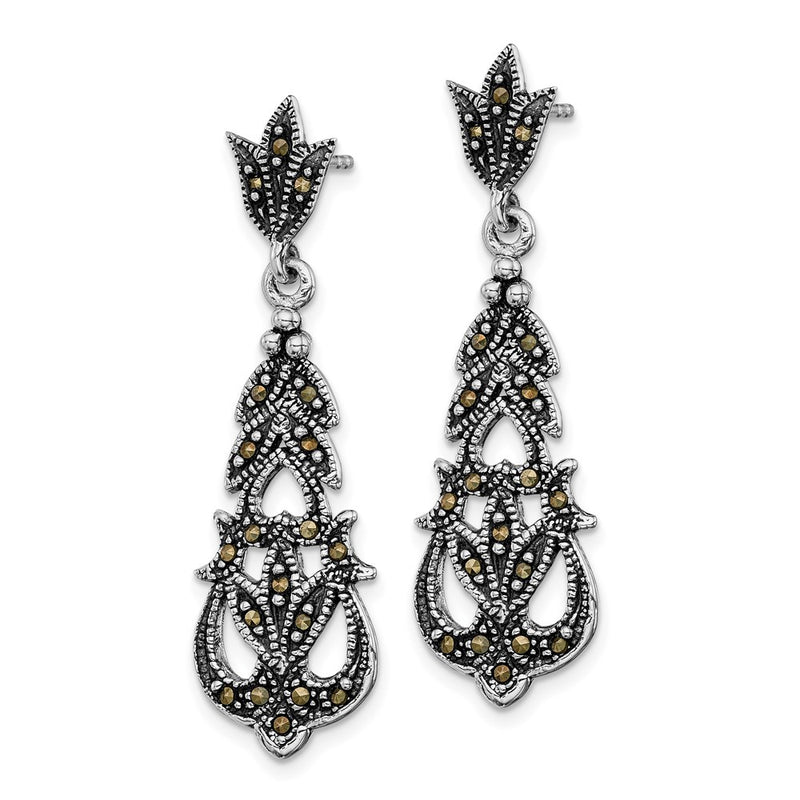 Sterling Silver Rhodium-Plated Fancy Textured Marcasite Post Dangle Earring