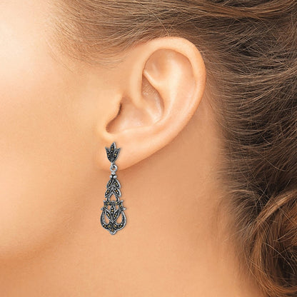 Sterling Silver Rhodium-Plated Fancy Textured Marcasite Post Dangle Earring