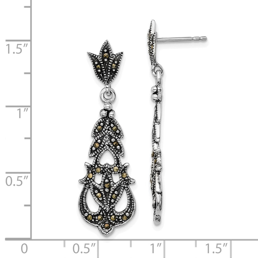 Sterling Silver Rhodium-Plated Fancy Textured Marcasite Post Dangle Earring