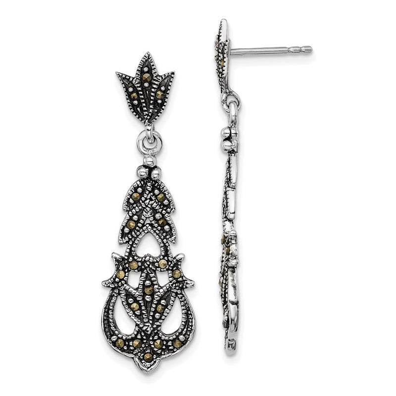 Sterling Silver Rhodium-Plated Fancy Textured Marcasite Post Dangle Earring