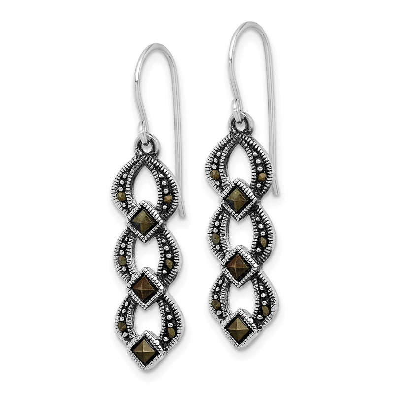 Sterling Silver Rhodium-Plated Antiqued & Textured Marcasite Dangle Earring