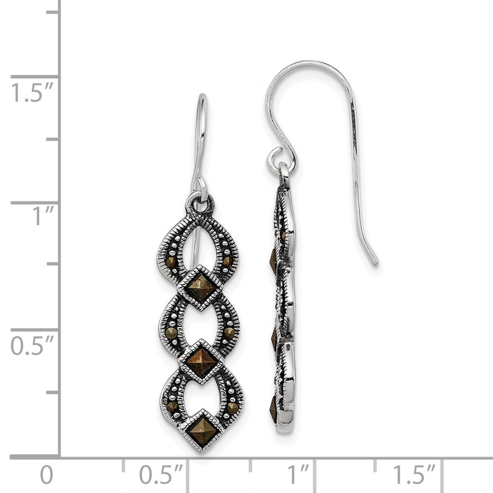 Sterling Silver Rhodium-Plated Antiqued & Textured Marcasite Dangle Earring