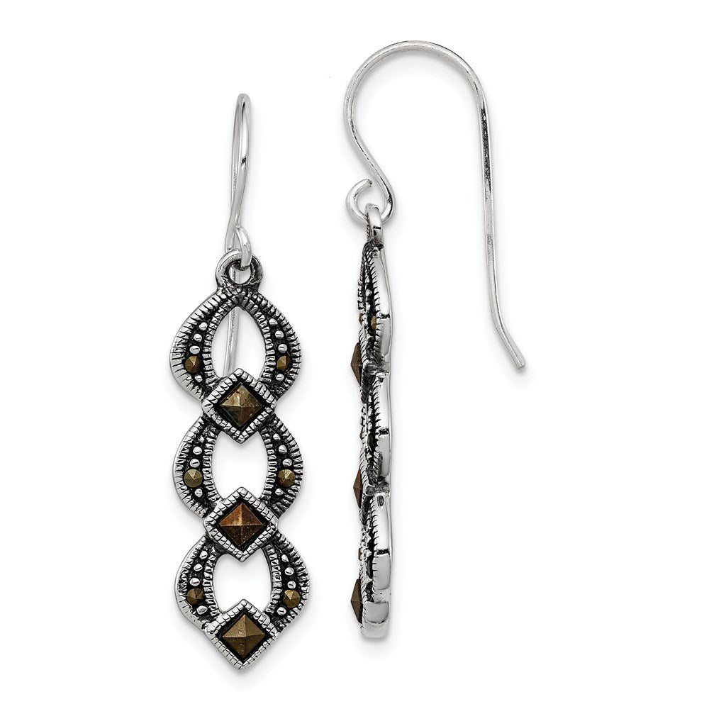 Sterling Silver Rhodium-Plated Antiqued & Textured Marcasite Dangle Earring