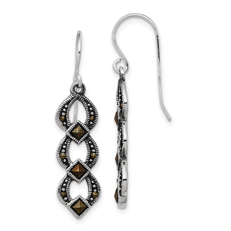 Sterling Silver Rhodium-Plated Antiqued & Textured Marcasite Dangle Earring