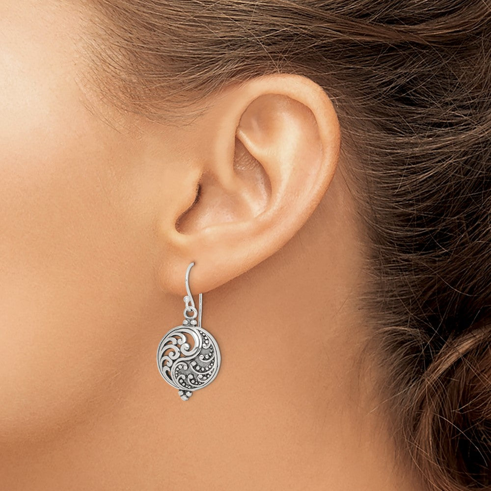 Sterling Silver Polished & Antiqued Filigree Yin And Yang Dangle Earrings