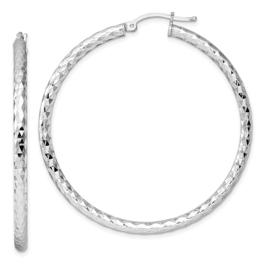 Sterling Silver Rhodium-Plated 3.00mm Diamond-Cut Hoop Earrings