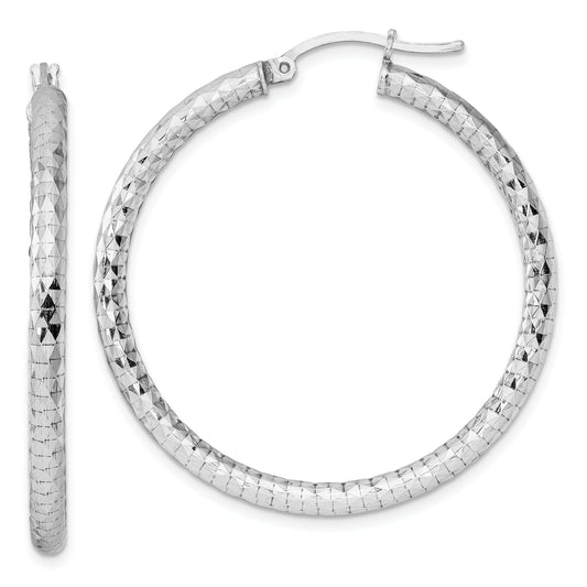 Sterling Silver Rhodium-Plated 3.00mm Diamond-Cut Hoop Earrings