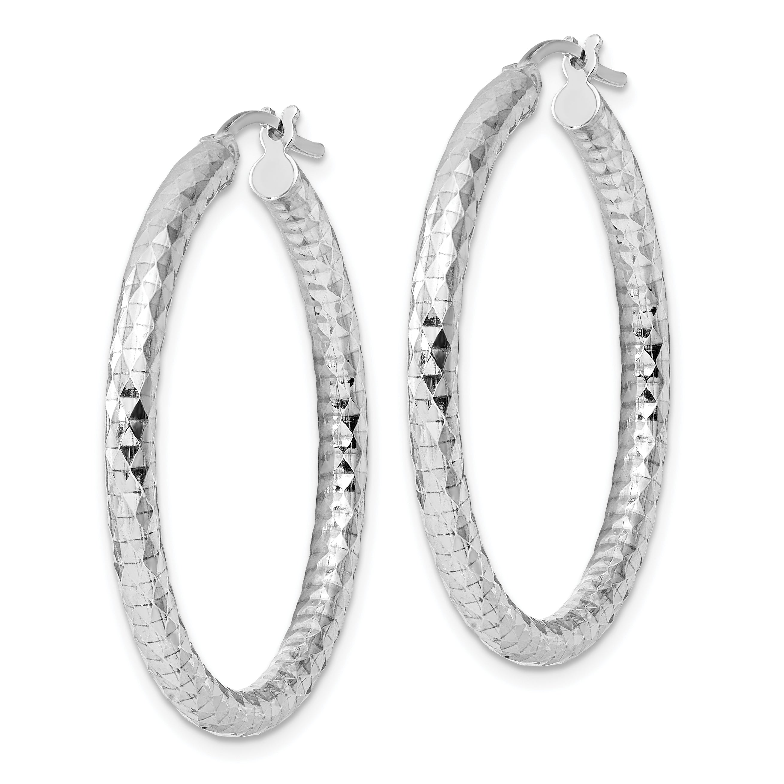 Sterling Silver Rhodium-Plated 3.00mm Diamond-Cut Hoop Earrings