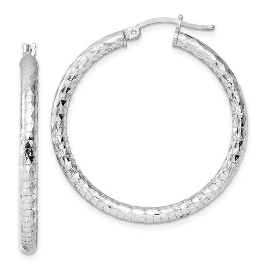 Sterling Silver Rhodium-Plated 3.00mm Diamond-Cut Hoop Earrings