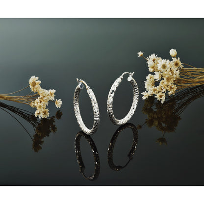 Sterling Silver Rhodium-Plated 3.00mm Diamond-Cut Hoop Earrings