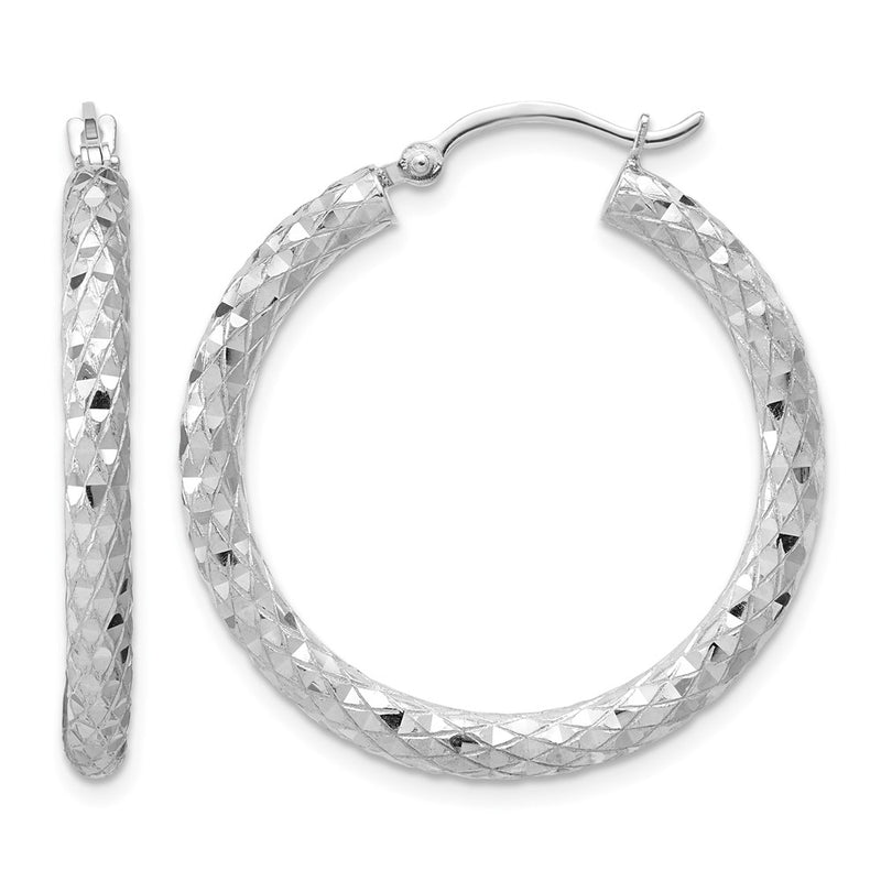 Sterling Silver Rhodium-Plated 3.00mm Diamond-Cut Hoop Earrings