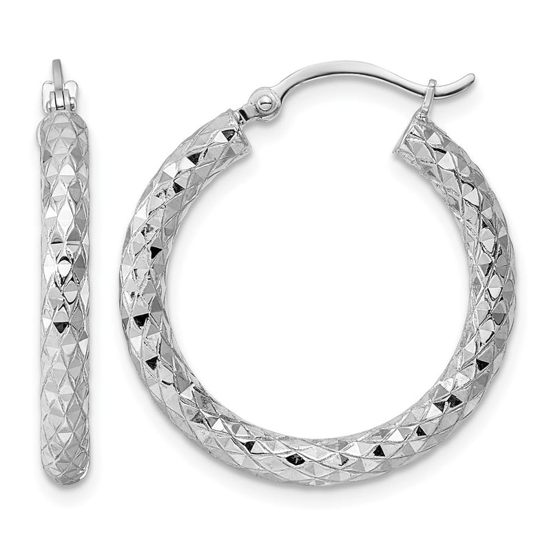 Sterling Silver Rhodium-Plated 3.00mm Diamond-Cut Hoop Earrings
