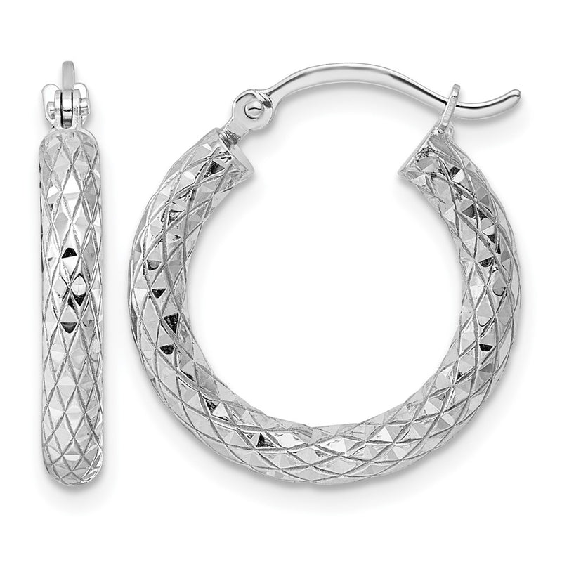 Sterling Silver Rhodium-Plated 3.00mm Diamond-Cut Hoop Earrings