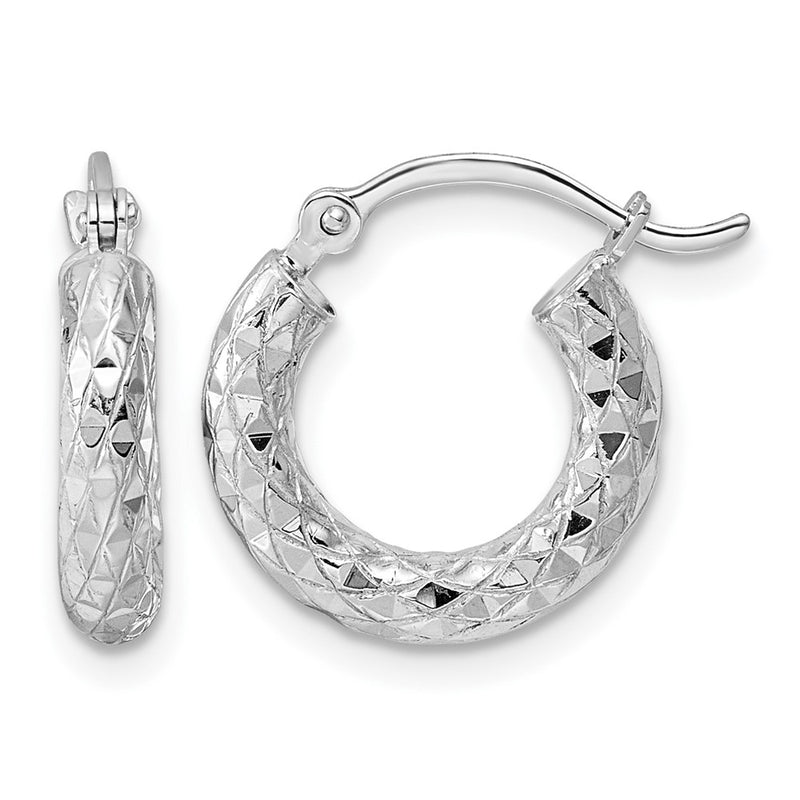 Sterling Silver Rhodium-Plated 3.00mm Diamond-Cut Hoop Earrings