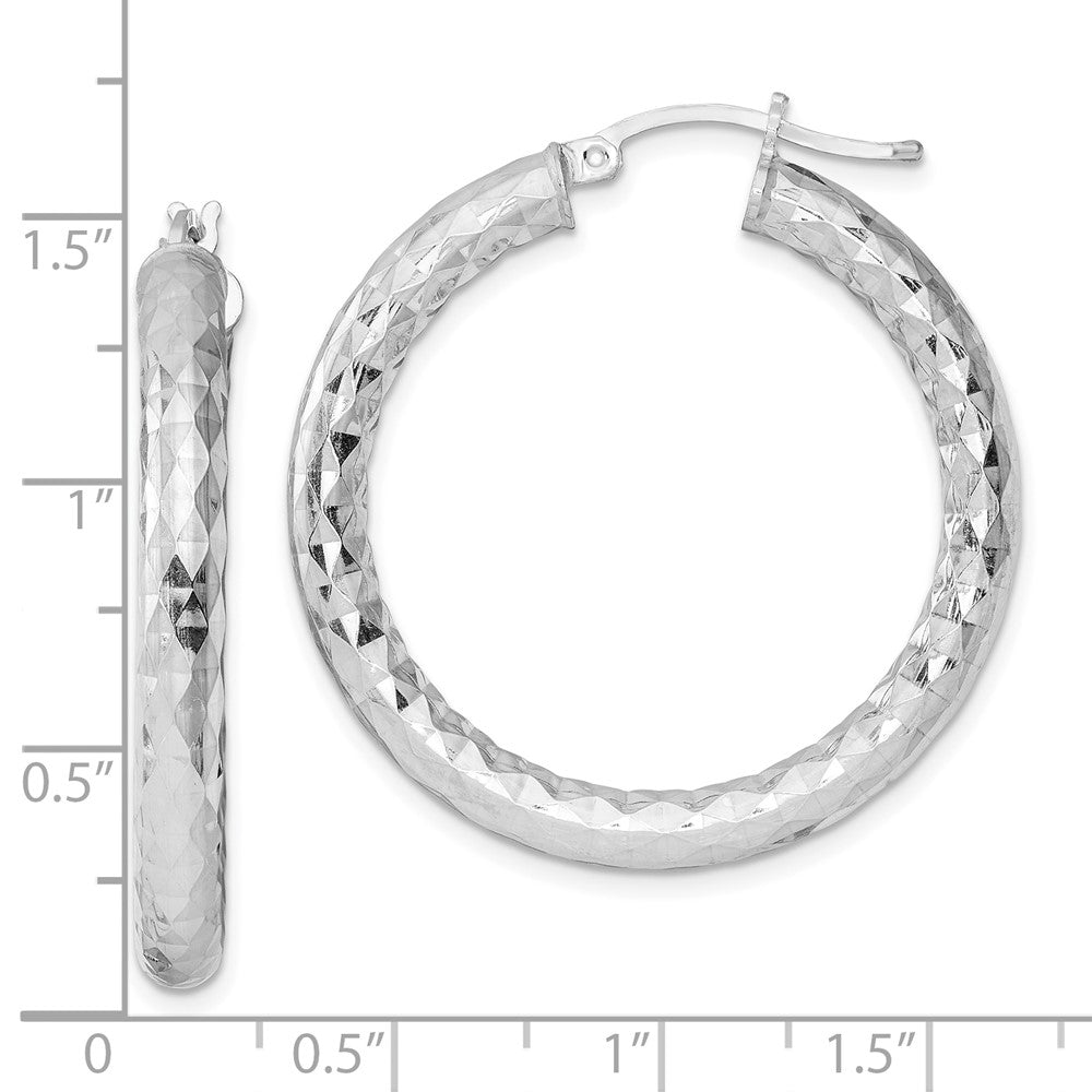Sterling Silver Rhodium-Plated 4.00mm Diamond-Cut Hoop Earrings