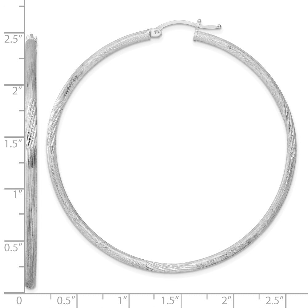 Sterling Silver Rhod-Plated 2.5mm Polished/Satin Diamond-Cut Hoop Earrings